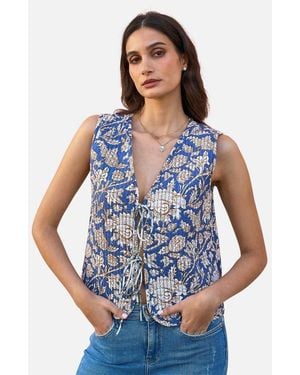 Yumi' Floral Reversible Quilted Vest Jacket - Blue