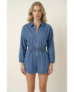 Modenaire Zip Front Romper With Smocked Waist And 3/4 Sleeves - Blue