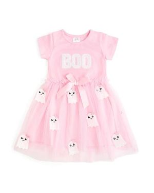 Sweet Wink Boo Sequin Patch Halloween Short Sleeve Tutu Dress - Pink