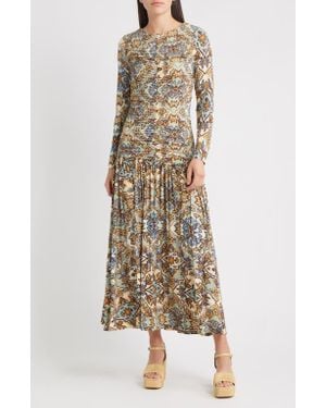 FARM Rio Winter Tapestry Long Sleeve A-Line Dress - Natural
