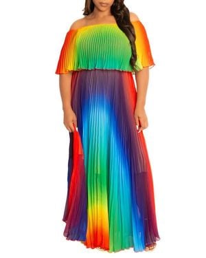 Buxom Couture Floral Pleated Off The Shoulder Maxi Dress - Green