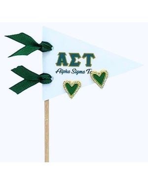 Color Shout Alpha Sigma Tau Heart Stud Enamel Earrings On Sorority Pennant Flag - Green