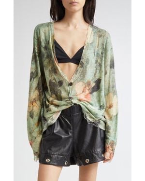R13 Ripped Floral Linen Cardigan - Gray