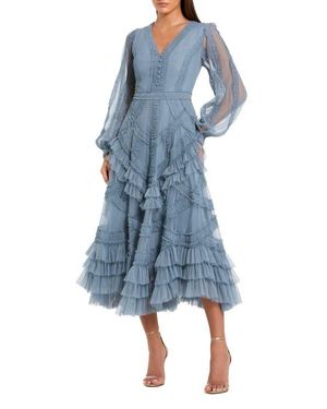 mesh dot micro ruffle midi dress Mac Duggal 8286 Mesh Micro Ruffle Strapless Midi Dress