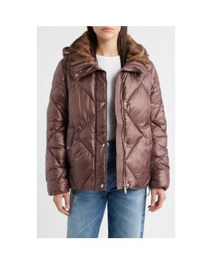 Sam Edelman Diamond Quilted Puffer Jacket With Faux Fur Hood - Brown