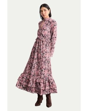 Warehouse Chiffon Shirred High Neck Midi Dress - Brown