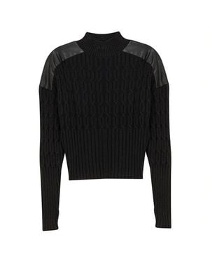 Versatile Dolman Cable Knit Leather Shoulder Sweater - Black