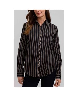 Foxcroft Charlie Stripe Animal Print Trim Cotton Button-Up Shirt - Black