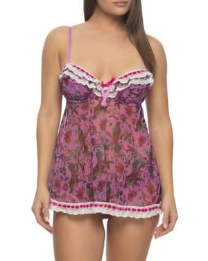 Black Bow Ruffle Luxe Mesh Babydoll - Red