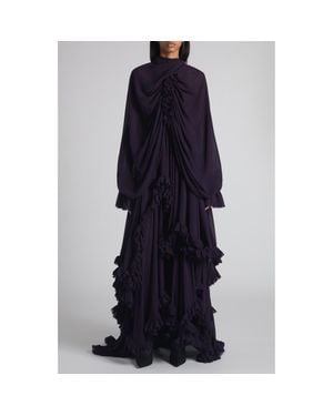 McQueen Draped Ruffle Long Sleeve Silk Georgette Gown - Blue