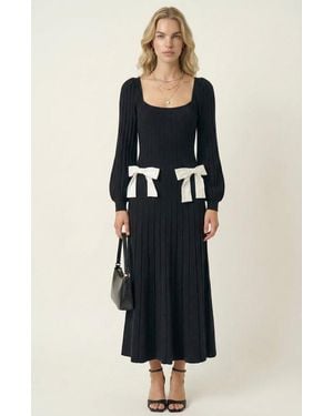 Modenaire Front Bow Flared Sweater Midi Dress - Black