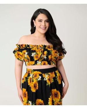 Unique Vintage Plus Size 1970S Off Ruffle Up Crop Top - Multicolor