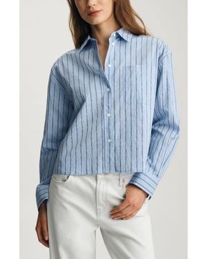 Mavi Stripe Long Sleeve Crop Cotton Blend Button-Up Shirt - Blue