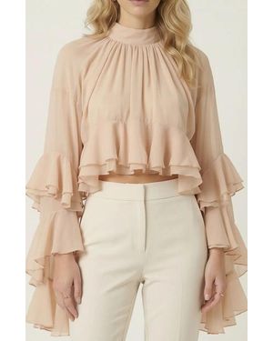 Modenaire Sheer Ruffle Sleeve Blouse - Natural