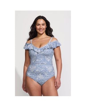 Lands' End Pique Ruffle Tankini Top And High Waisted Bottom Swimsuit Set - Blue