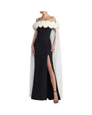 Mac Duggal Off The Shoulder Crepe Gown With Chiffon Cape - Black
