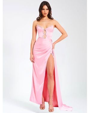 Miss Circle Marilyn Satin Crystal Embellished High Slit Gown - Pink