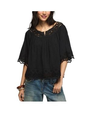 Lucky Brand Battenburg Lace Embroidered Top - Black