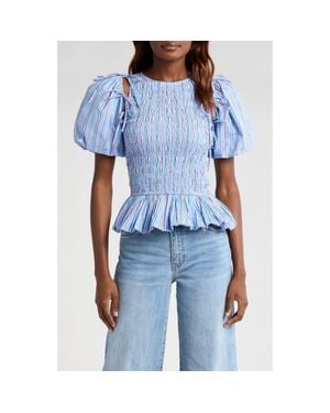 Damson Madder Becca Stripe Cutout Smocked Organic Cotton Peplum Top - Blue