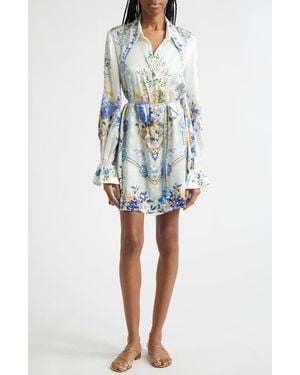 CAMILLA Floral Belted Long Sleeve Silk Shirtdress - White