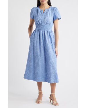 Anne Klein Embroidered Short Sleeve Cotton Midi Dress - Blue