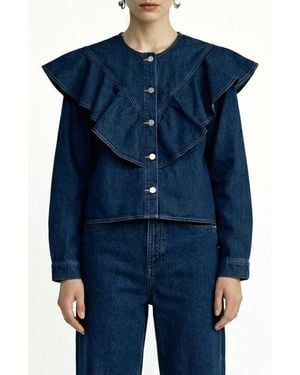 Vero Moda Fia Ruffle Placket Denim Button-Up Shirt - Blue
