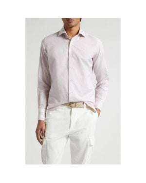 Eleventy Dandy Collar Stripe Cotton & Linen Button-Up Shirt - Gray