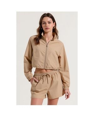 Modenaire Cropped Zip Front Jacket And High Waist Drawstring Shorts Set - Brown