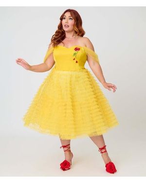 Unique Vintage Plus Size Tulle Off The Shoulder Swing Dress - Yellow
