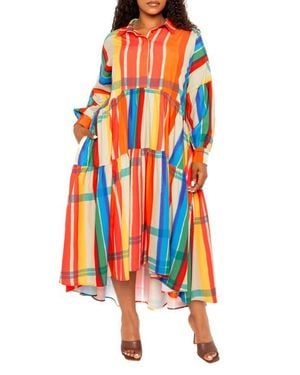 Buxom Couture Plaid Long Sleeve Tiered Shirtdress - Orange