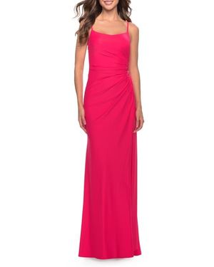 La Femme Elegant Jersey Dress With Ruching And Square Neckline - Pink