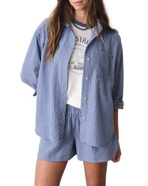 Marine Layer Gracey Stripe Oversize Cotton & Kapok Seersucker Button-Up Shirt - Blue