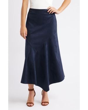 City Blues Asymmetrical Hem Faux Suede Midi Skirt - Blue