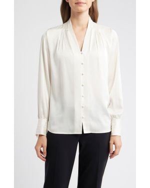 Anne Klein Pleat Front V-Neck Button-Up Shirt - White