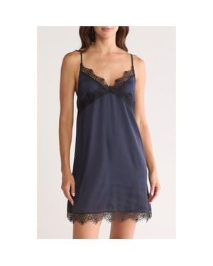 Simone Perele Lace Trim Satin Chemise - Blue