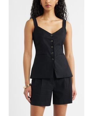 Open Edit Button Front Linen Blend Tank - Black