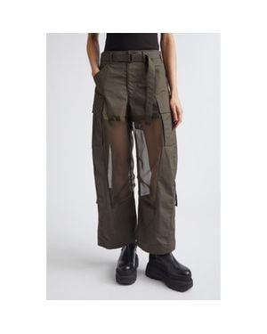 Sacai Mixed Media Coated Cotton & Chiffon Wide Leg Cargo Pants - Gray