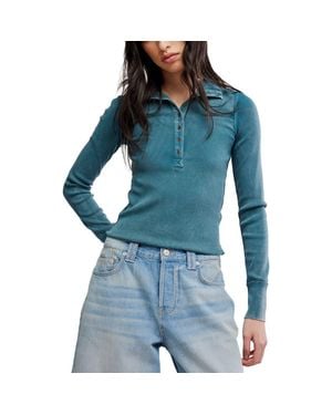 Free People Lake Stand Collar Stretch Cotton Rib Henley - Blue