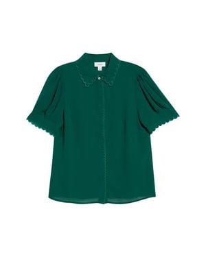 Cece Scallop Trim Button-Up Shirt - Green