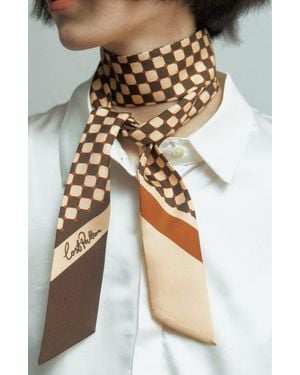 Lost Pattern Checkerboard Skinny Silk Scarf - Brown