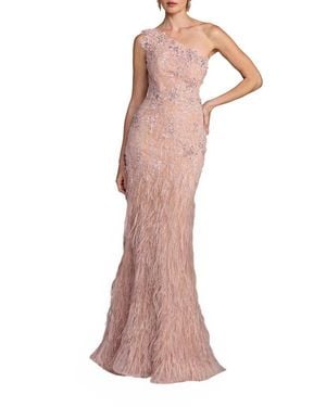 Mac Duggal Embellished Lace One Shoulder Feather Gown - Pink