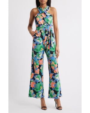 Tahari Print Twist Neck Tie Waist Wide Leg Jumpsuit - Blue