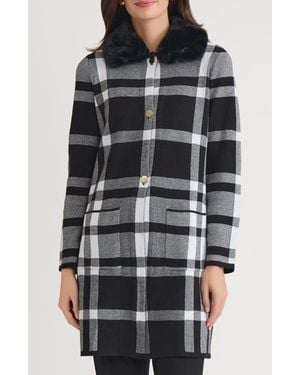 Kasper Plaid Coat With Faux Fur Collar - Gray