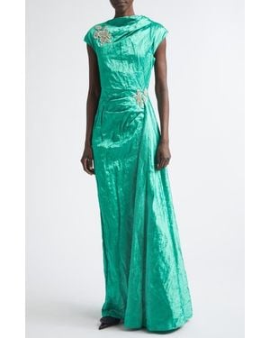 Erdem Embellished Asymmetric Crushed Satin Gown - Green