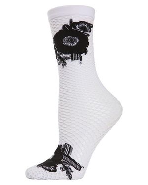 Natori Floral Appliqué Fishnet Crew Socks - White
