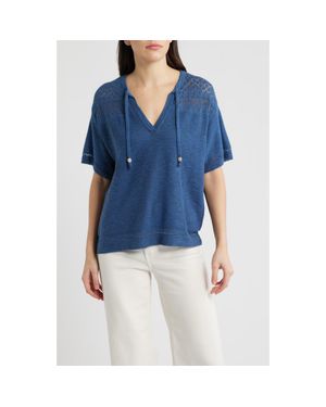 City Blues Tie Neck Pointelle Top - Blue