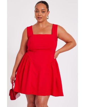 Quiz Plus Size Square Neck Drop Waist Mini Dress - Red