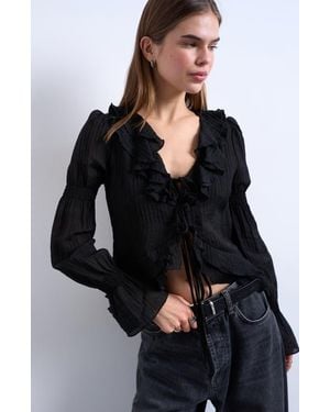 TOPSHOP Ruffle Tie Front Long Sleeve Top - Black