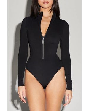 TA3 Adjustable Zip Front Long Sleeve One-Piece Swimsuit - Black