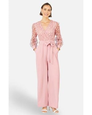 Yumi' Sash Waist Floral Applique Wrap Jumpsuit - Pink
